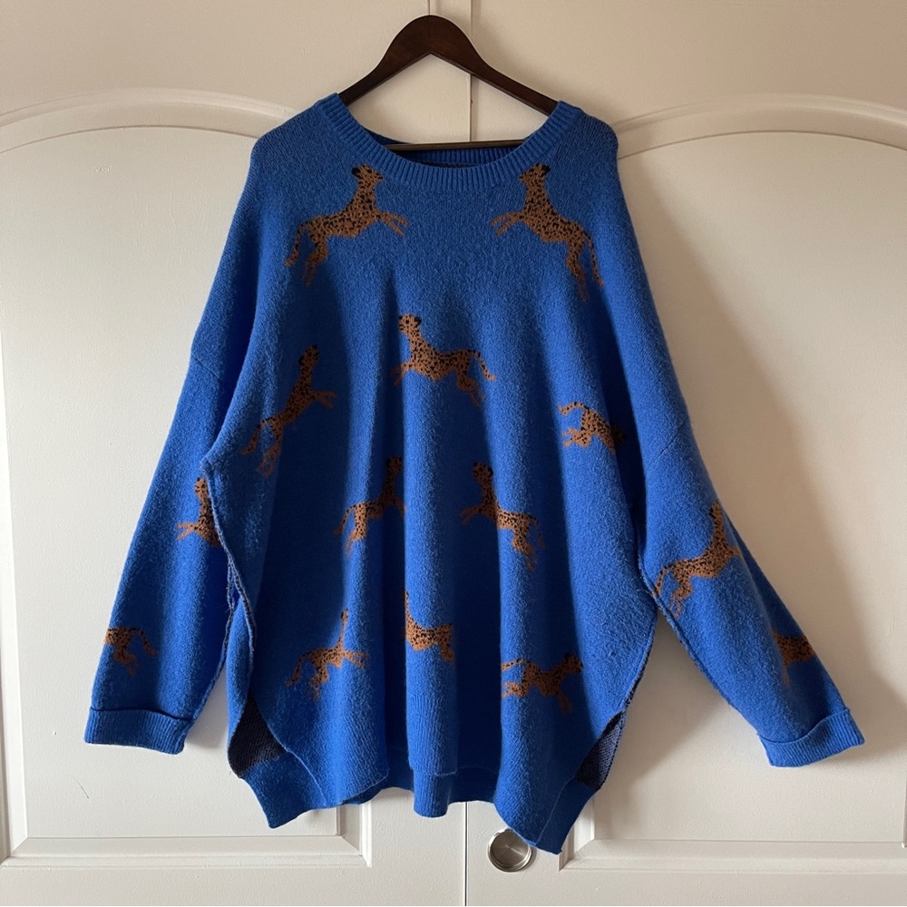 Blue Sweater with Cheetah Pattern